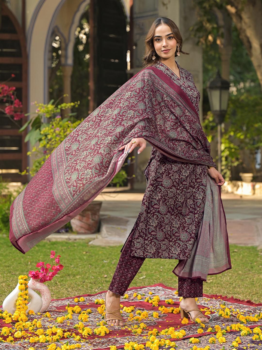 Dhiyona KL Floral Printed Pleated Kurta with Trouser & Dupatta