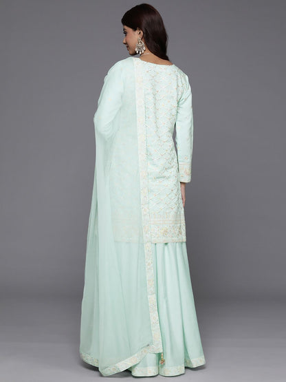 Dhiyona LL Floral Embroidered Beads & Stones Kurti with Palazzos & Dupatta
