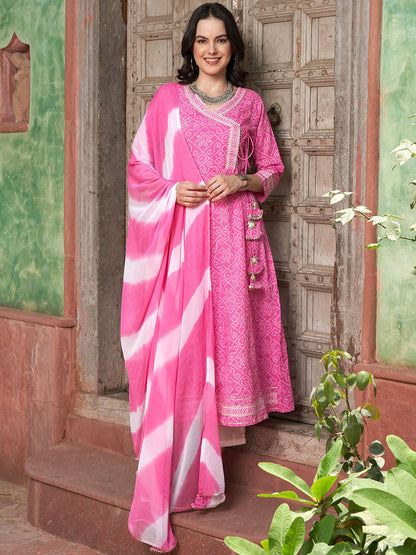 Pink Bandhani Printed Angrakha Mirror Work Pure Cotton Kurta Set