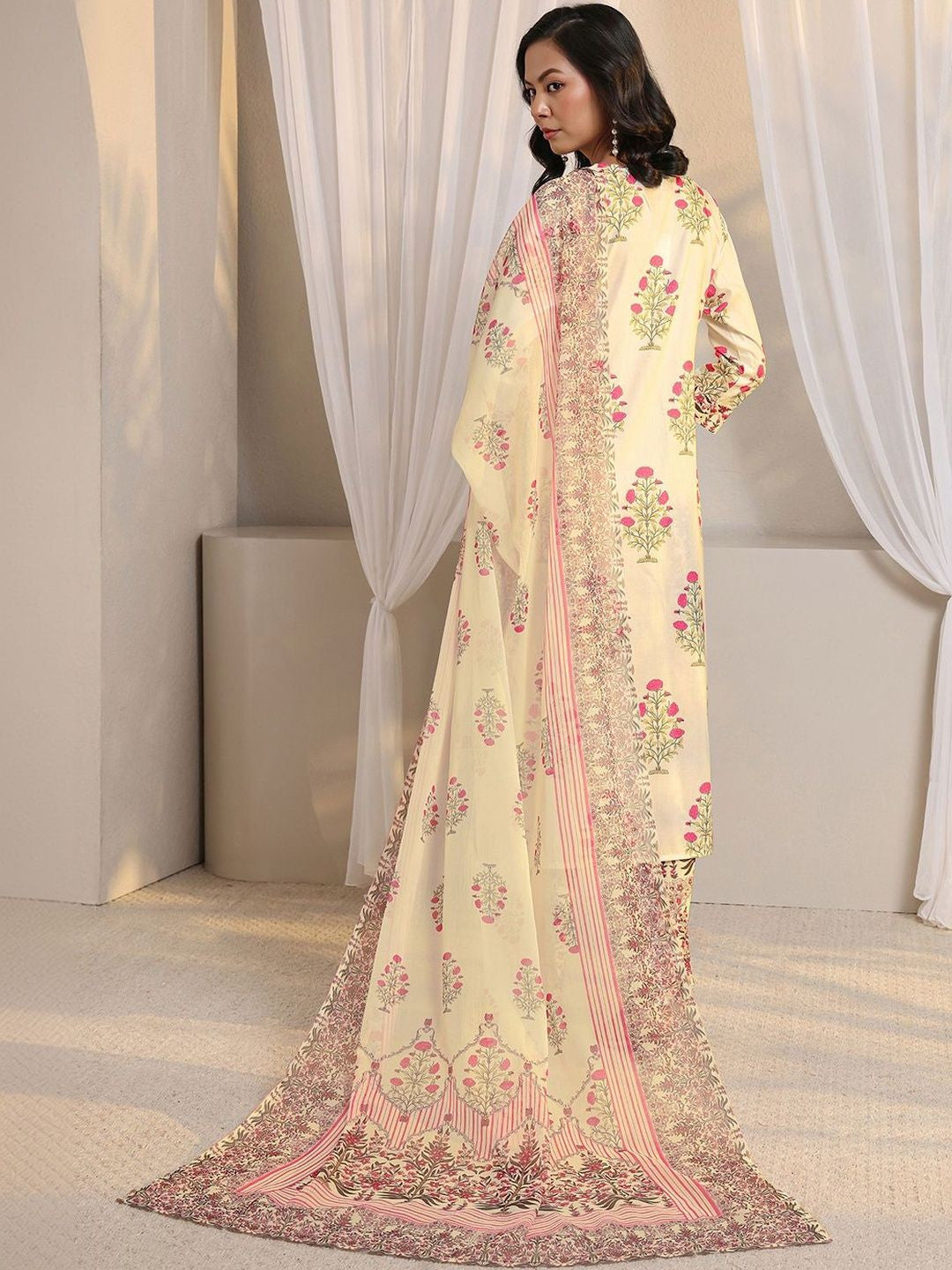 Off White Floral Printed Chanderi Silk Straight Suit Set with Dupatta