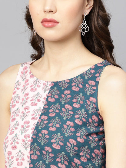 Dhiyona AY Women's Teal Blue & Pink Printed A-Line Dress