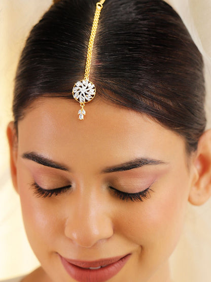 Dhiyona RJ Women's 18K Gold-Plated White Cubic Zirconia Studded Floral Maang Tikka Head Jewellery