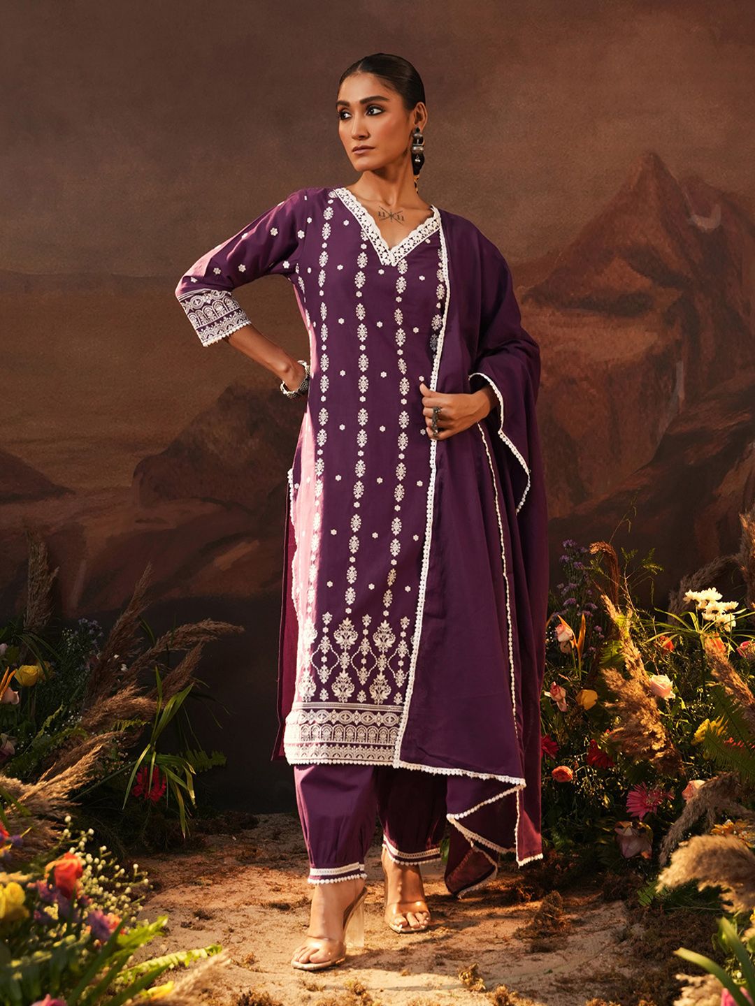 Dhiyona IS Women's Ethnic Motifs Embroidered Thread Work Pure Cotton Kurta With Trousers & Dupatta