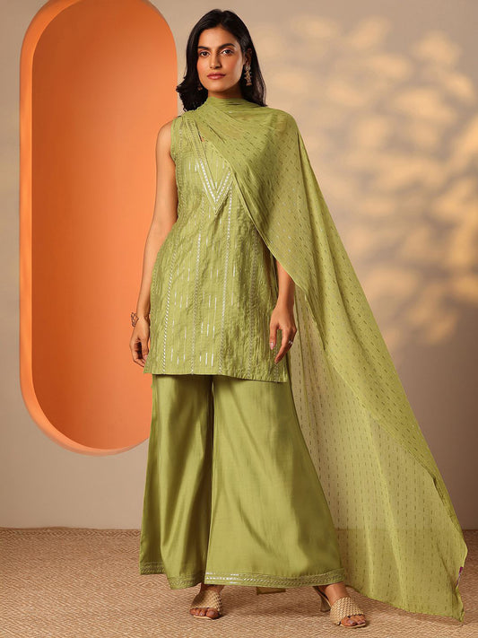 Ethnic Motifs Embroidered V-Neck Straight Sequinned Kurta With Palazzos & Dupatta