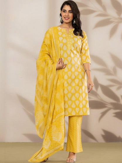 Women Ethnic Motifs Printed Regular Sequinned Pure Cotton Kurta with Trousers & With Dupatta