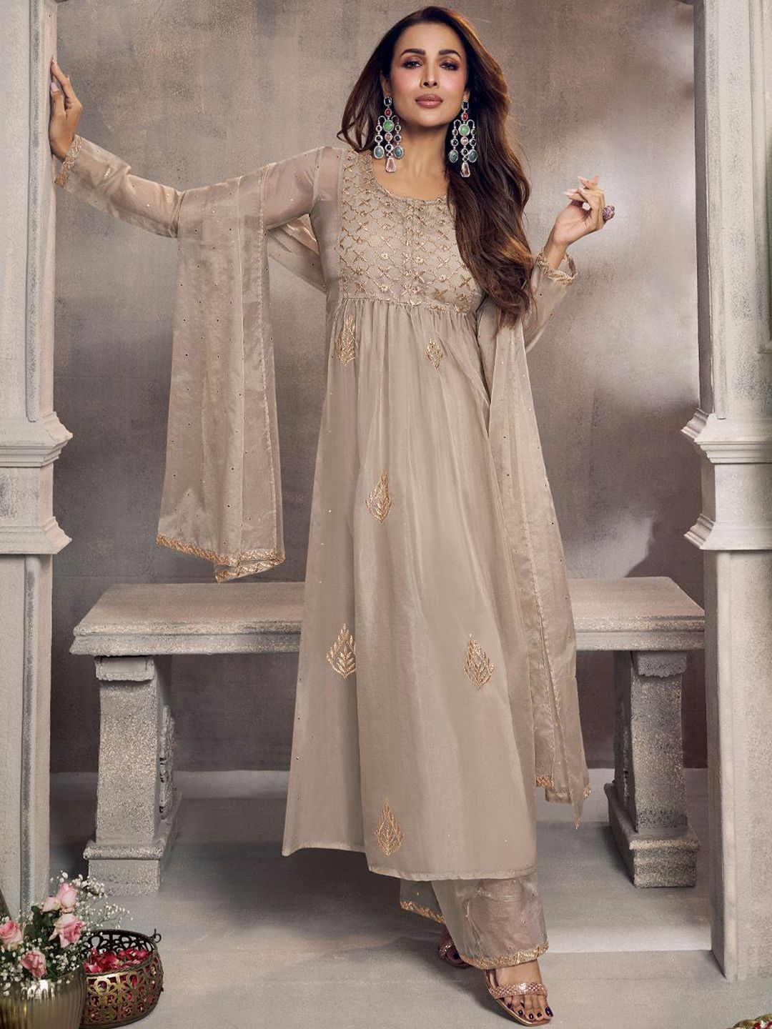 Dhiyona IN Ethnic Motifs Embroidered Pleated Zari Organza Kurta With Palazzos & Dupatta