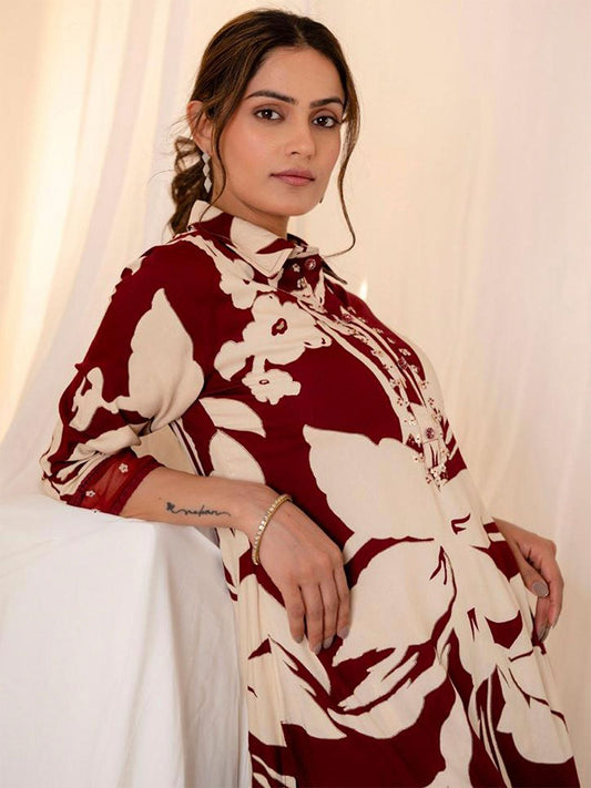 Dhiyona IE Floral Printed Three-Quarter Sleeves Tunic With Trouser
