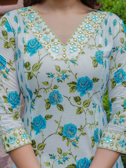 Dhiyona KL Women Floral Printed Regular Mirror Work Pure Cotton Kurta with Salwar & With Dupatta