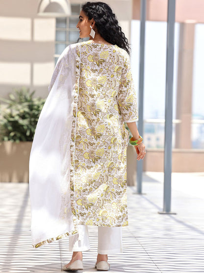 Floral Printed Regular Pure Cotton Kurta with Trousers & With Dupatta