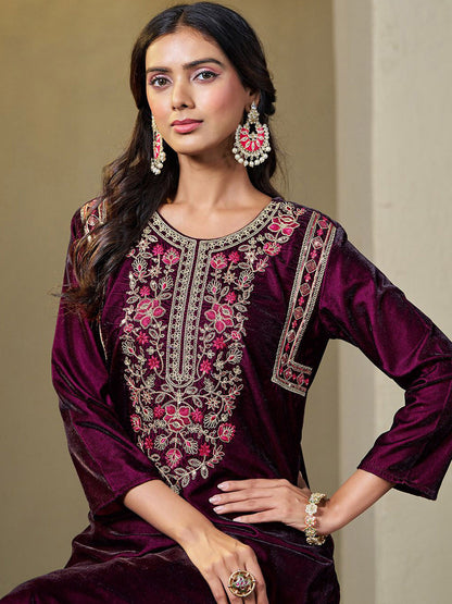 Women Velvet Yoke Embroidery Straight Kurta Pant With Dupatta Set