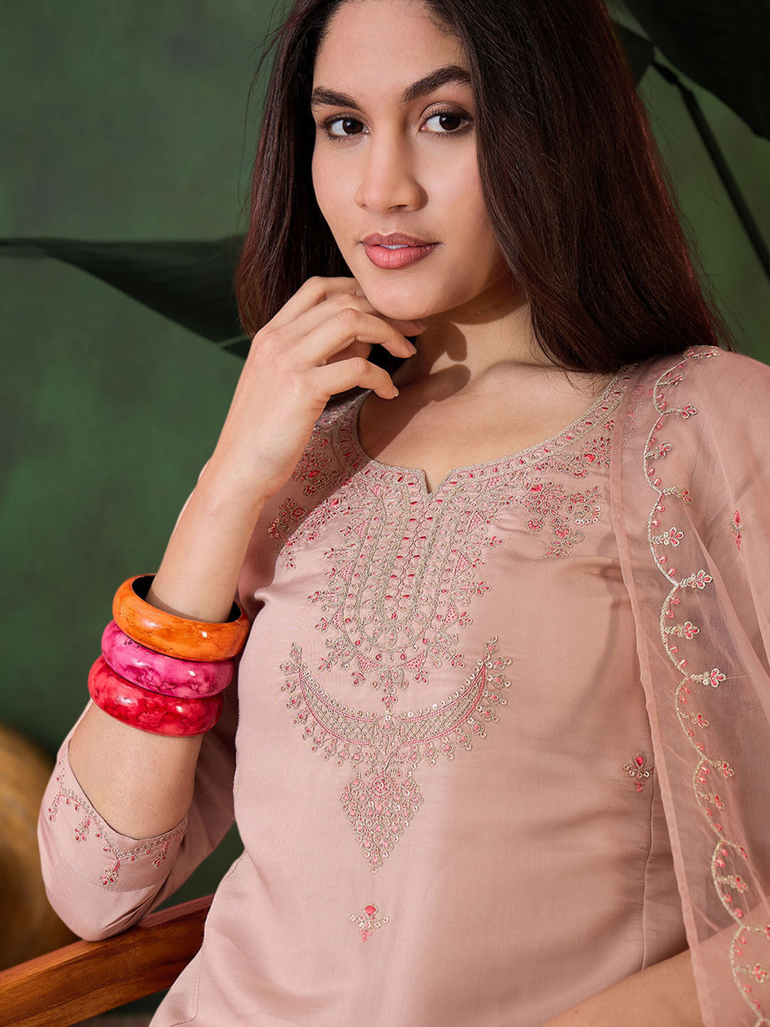 Zari Sequence Embroidered Straight Kurta & Trousers With Dupatta