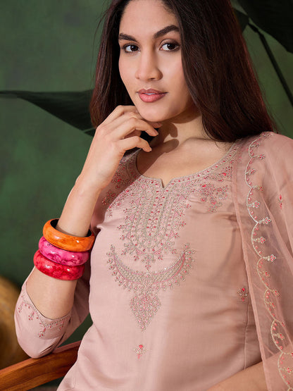 Zari Sequence Embroidered Straight Kurta & Trousers With Dupatta