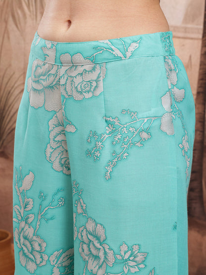 Floral Print Pleated Thread Work Kurta with Palazzos