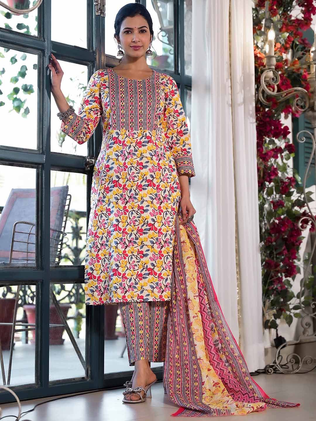 Dhiyona KL Floral Printed Regular Mirror Work Pure Cotton Kurta With Trouser & Dupatta