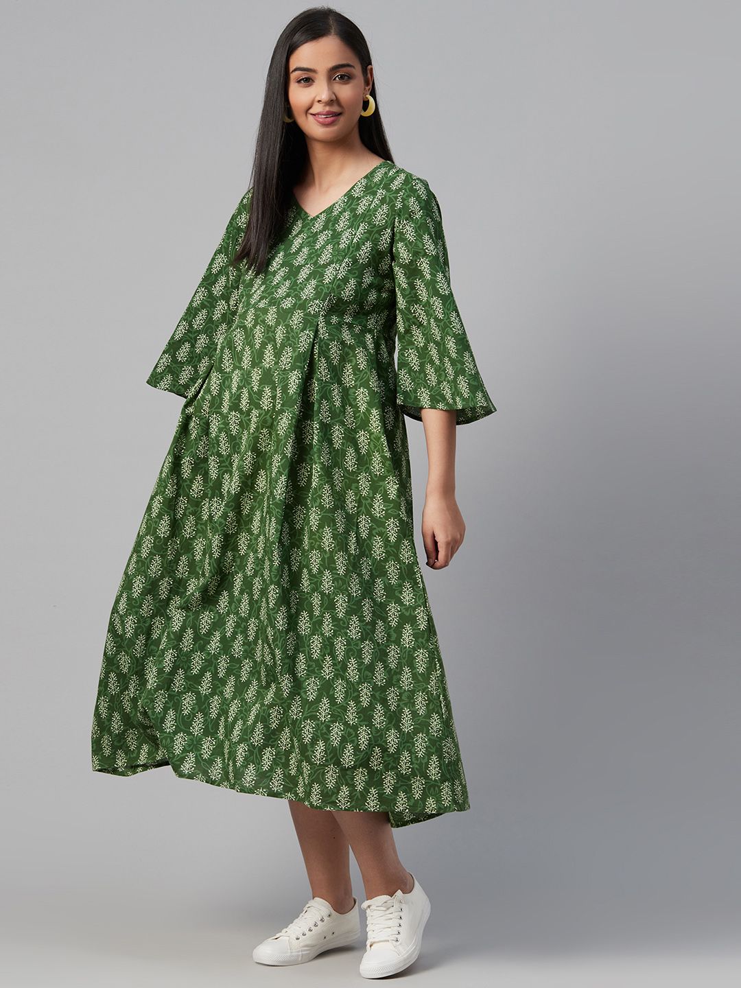 Dhiyona AY Women's Green & Off-White Printed Maternity A-Line Dress