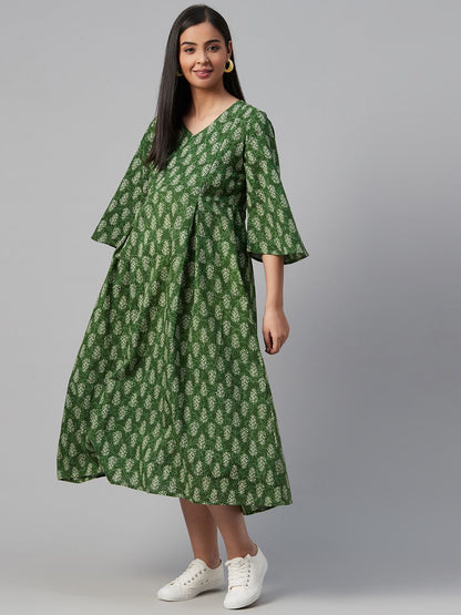 Dhiyona AY Women's Green & Off-White Printed Maternity A-Line Dress