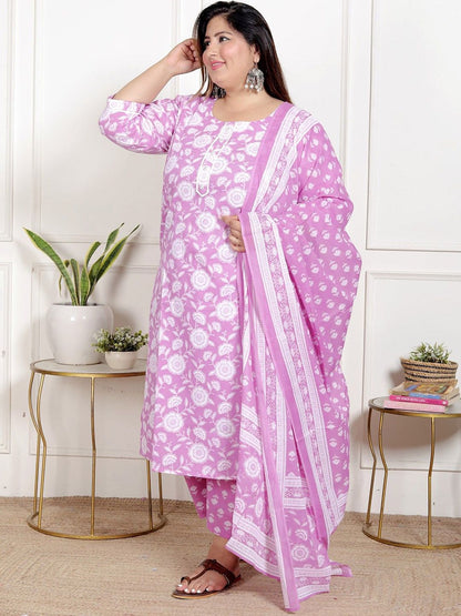 Dhiyona KL Women Plus Size Floral Printed Pure Cotton Kurta with Palazzo & Dupatta