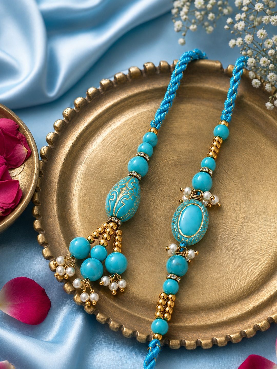 Dhiyona Set Of 2 Turquoise Blue Artificial Beads Bhaiya Bhabhi Rakhi