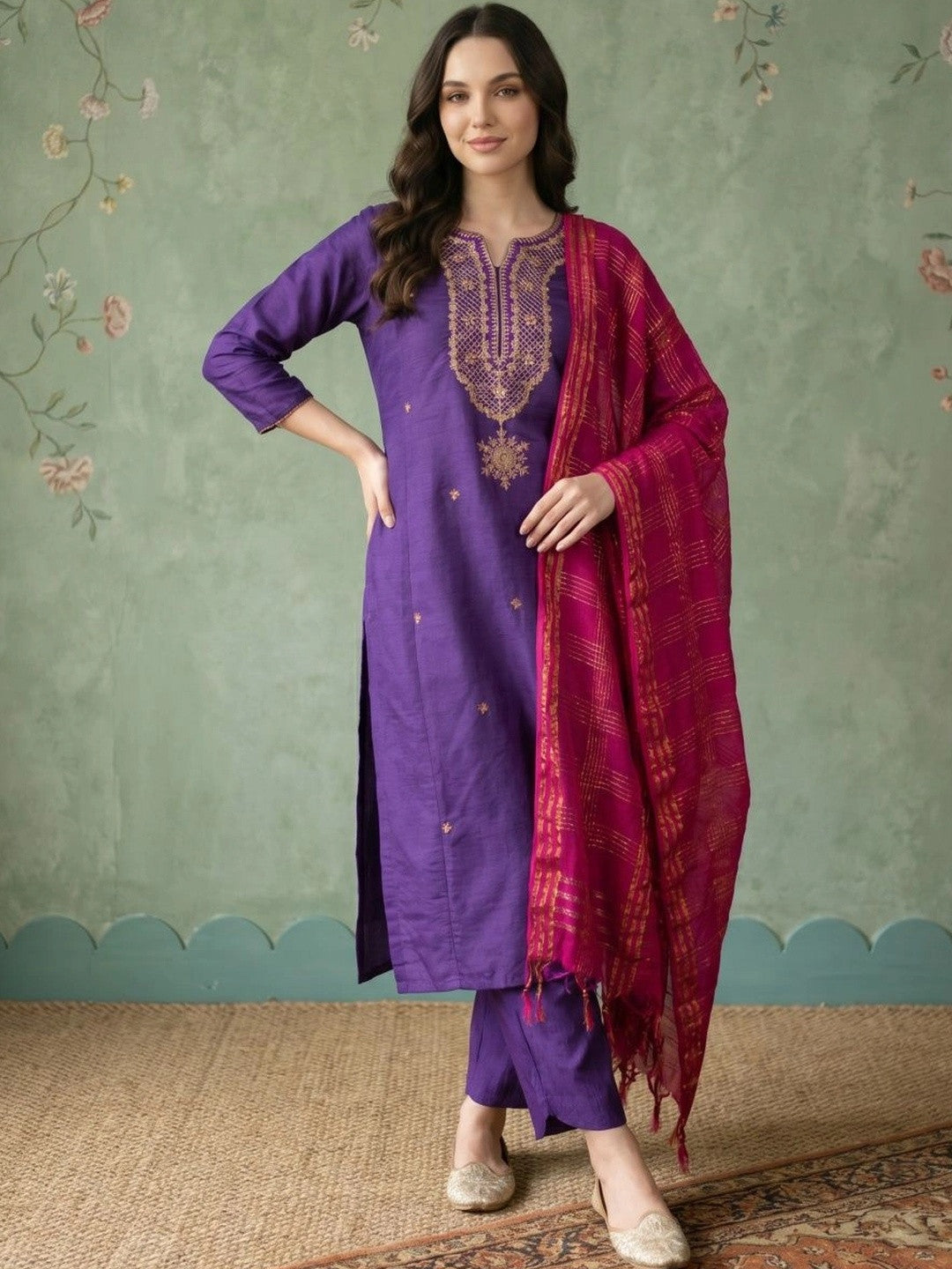 Women Ethnic Motifs Embroidered Regular Thread Work Kurta with Trousers & With Dupatta