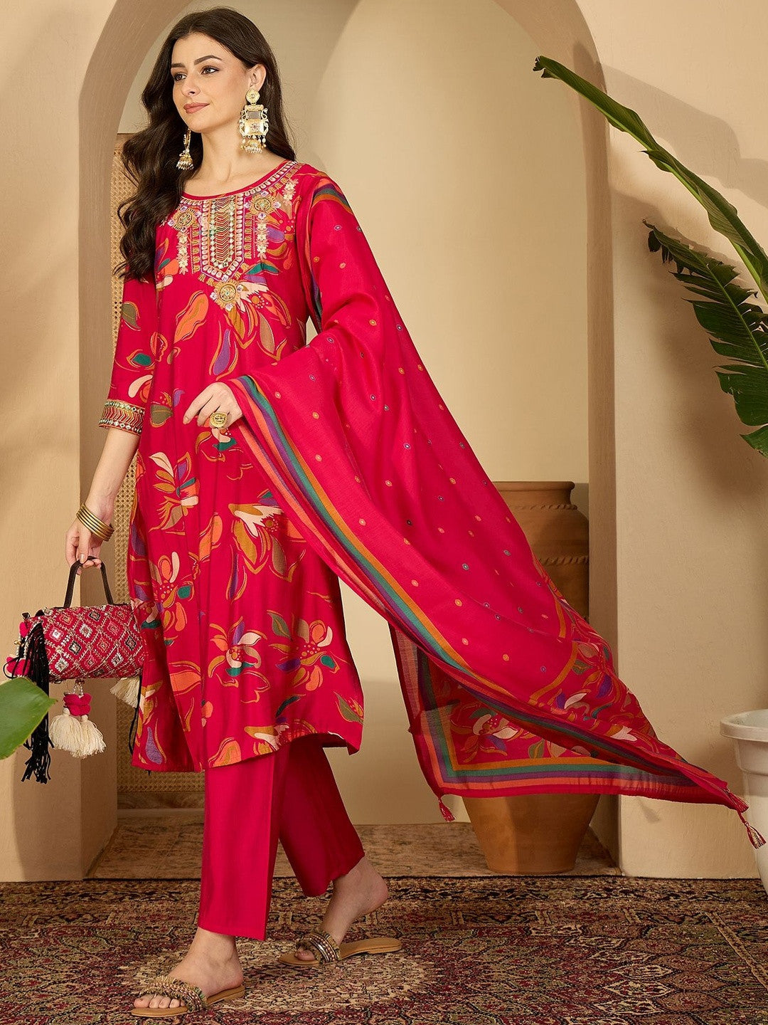 Women Floral Printed Regular Thread Work Kurta with Trousers & With Dupatta