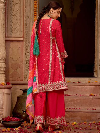 Dhiyona IE Floral Embroidered Panelled Mirror Work A-Line Kurta With Palazzos & Dupatta