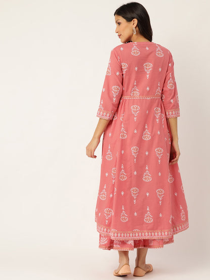 Women Pink & White Floral Khari Print Embroidered Anarkali Kurta with Palazzos
