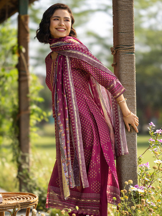 Floral Printed Round Neck Straight Kurta with Trousers & Dupatta