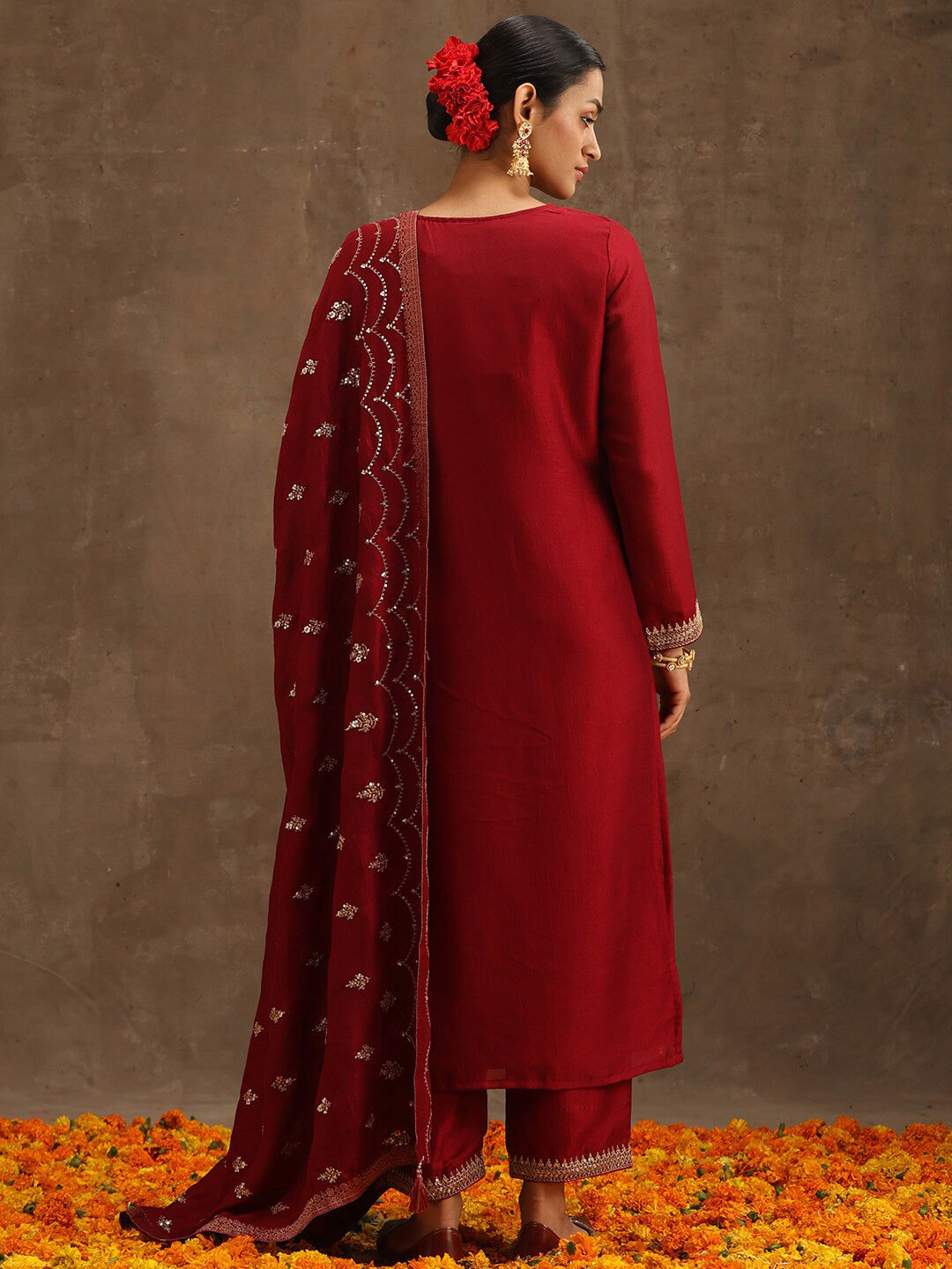 Maroon Floral Embroidered Sequined Kurta With Trousers & Dupatta