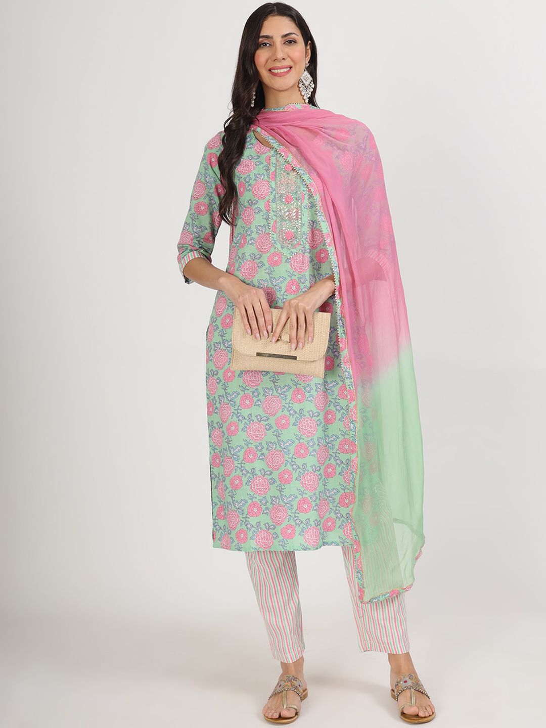 Dhiyona KL Floral Printed Thread Work Pure Cotton Kurta & Trousers With Dupatta