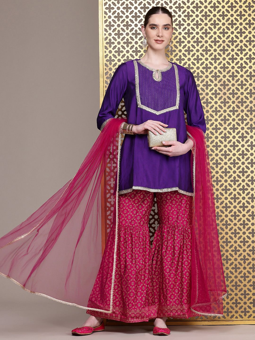 Dhiyona HOP Ethnic Motifs Embroidered Sequinned Jashn Kurta with Sharara & Dupatta