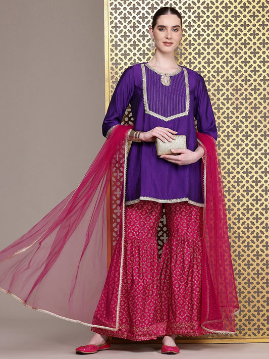 Dhiyona HOP Ethnic Motifs Embroidered Sequinned Jashn Kurta with Sharara & Dupatta