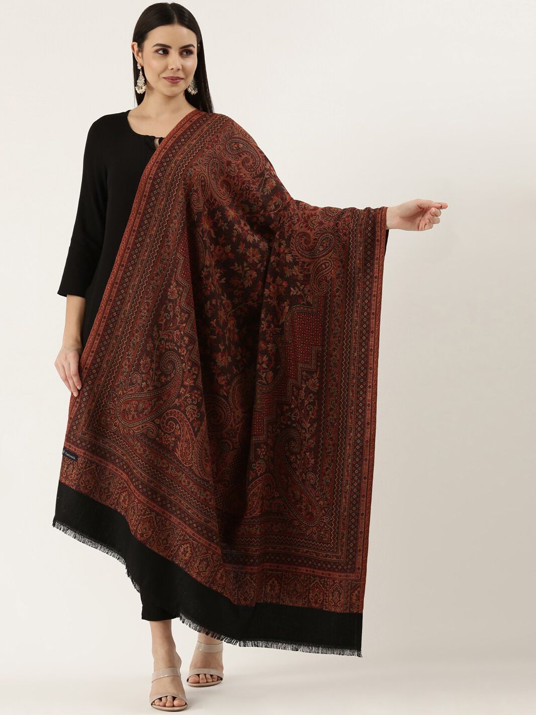 Dhiyona PA Women Black & Brown Woven Design Wool Jamawar Shawl