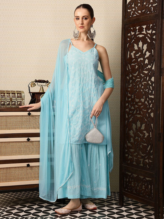 Dhiyona HOP Pure Cotton Floral Embroidered Jashn Kurta With Sharara & Dupatta