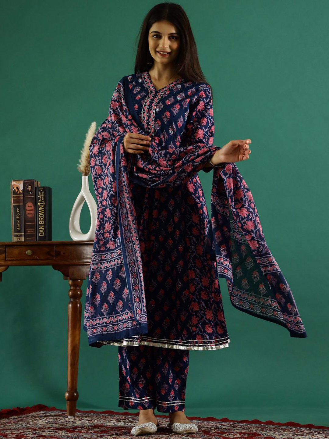Floral Printed V-Neck Gotta Patti Pure Cotton A-Line Kurta With Trouser & Dupatta