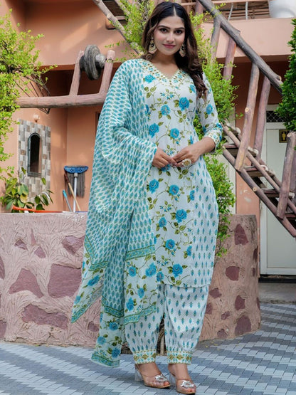 Dhiyona KL Women Floral Printed Regular Mirror Work Pure Cotton Kurta with Salwar & With Dupatta