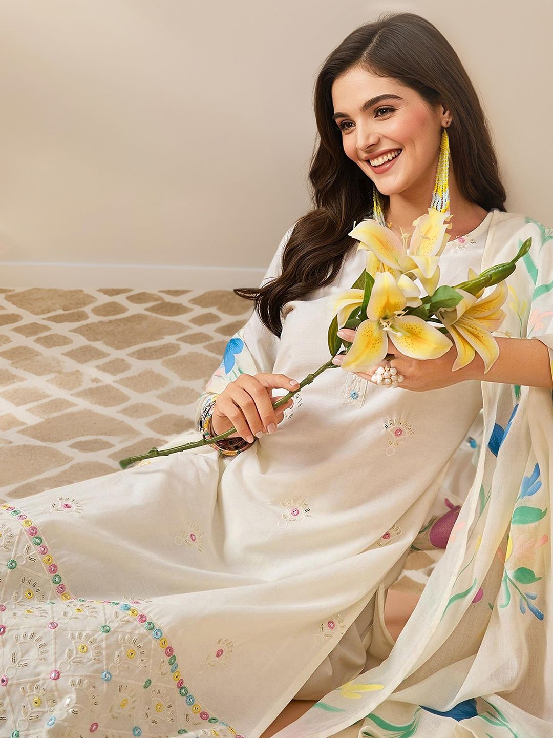 Dhiyona IS Women's Floral Embroidered Mirror Work Pure Cotton Kurta with Trousers & Dupatta