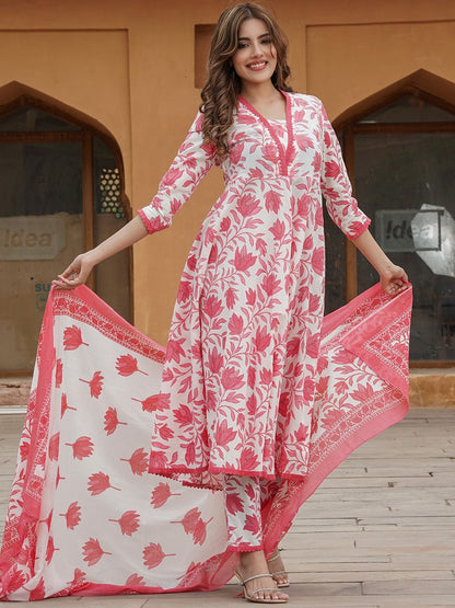 Dhiyona KL Floral Printed Regular Pure Cotton Anarkali Kurta with Trousers & Dupatta