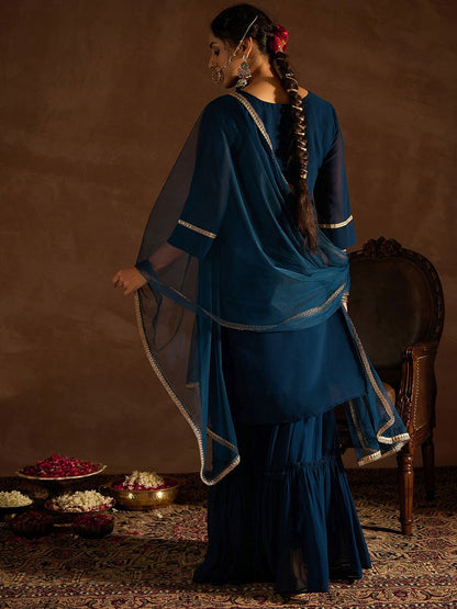 Dhiyona IE Floral Embroidered Regular Sequinned Straight Kurta with Sharara & Dupatta