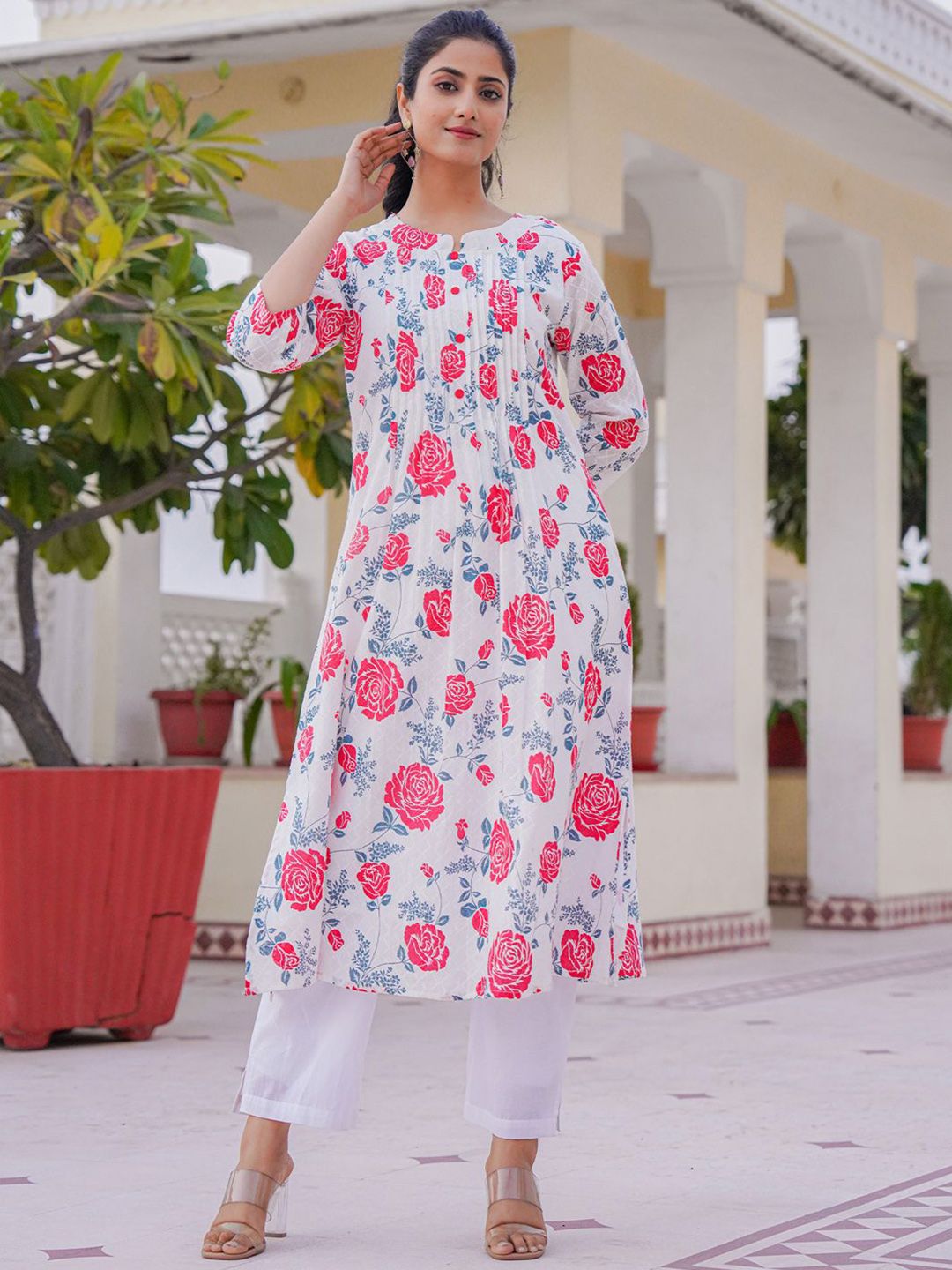 Floral Printed A-Line Pure Cotton Kurta With Trousers