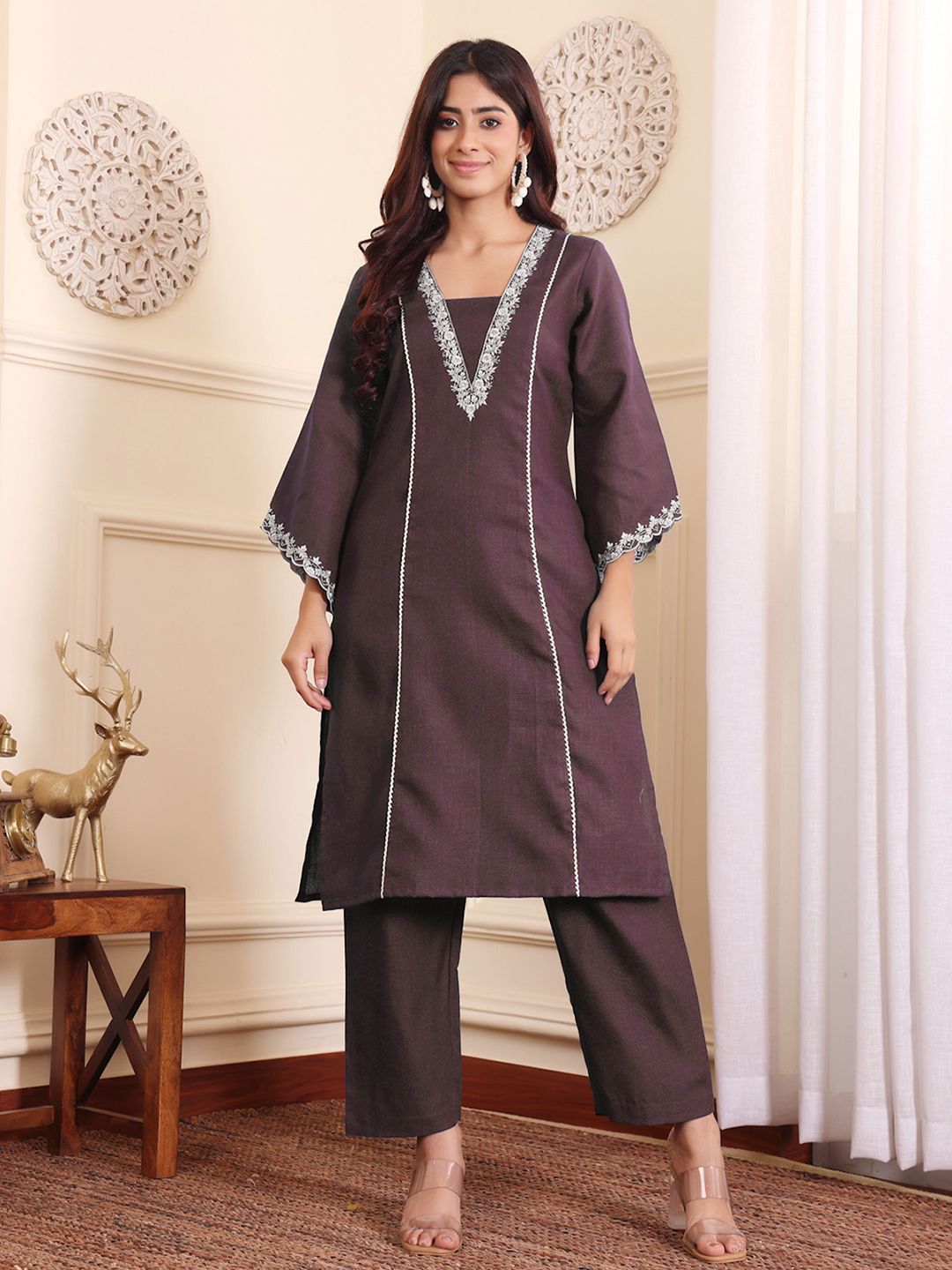 Brown V-Neck Embroidered Thread Work Straight Kurta With Trousers