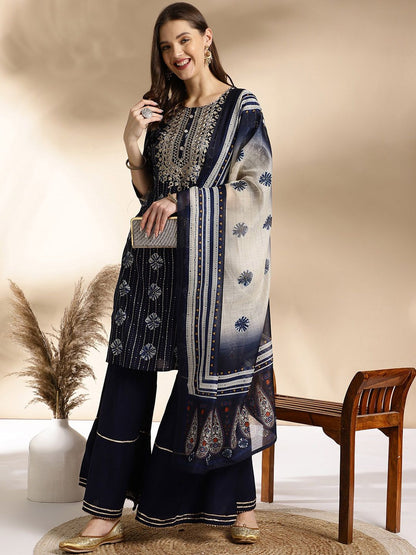 Dhiyona AN Blue Ethnic Motifs Embroidered Round Neck Straight Kurti With Sharara & Dupatta