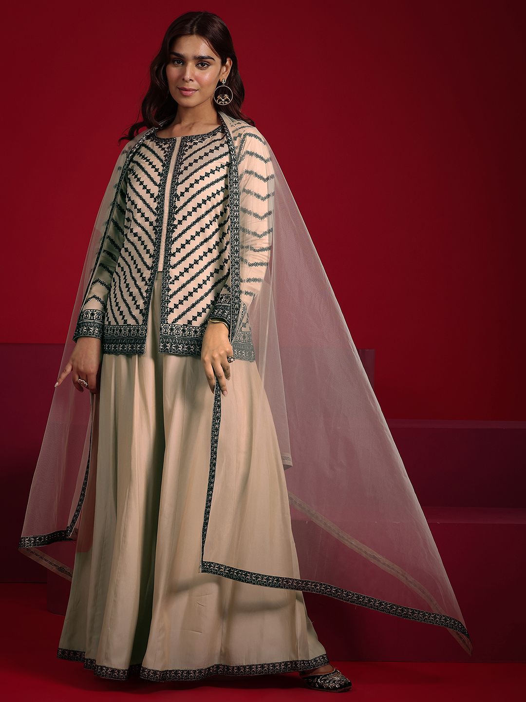 Dhiyona LL Ethnic Motifs Embroidered Straight Kurti With Palazzos & Dupatta