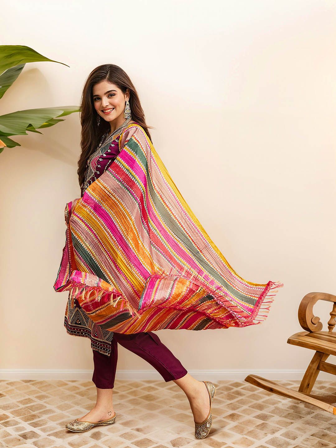Dhiyona IS Women's Ethnic Motifs Embroidered Pure Cotton Straight Kurta with Trousers & Dupatta
