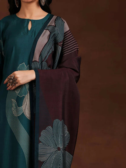 Women's LB Teal Printed Silk Blend Straight Suit With Dupatta