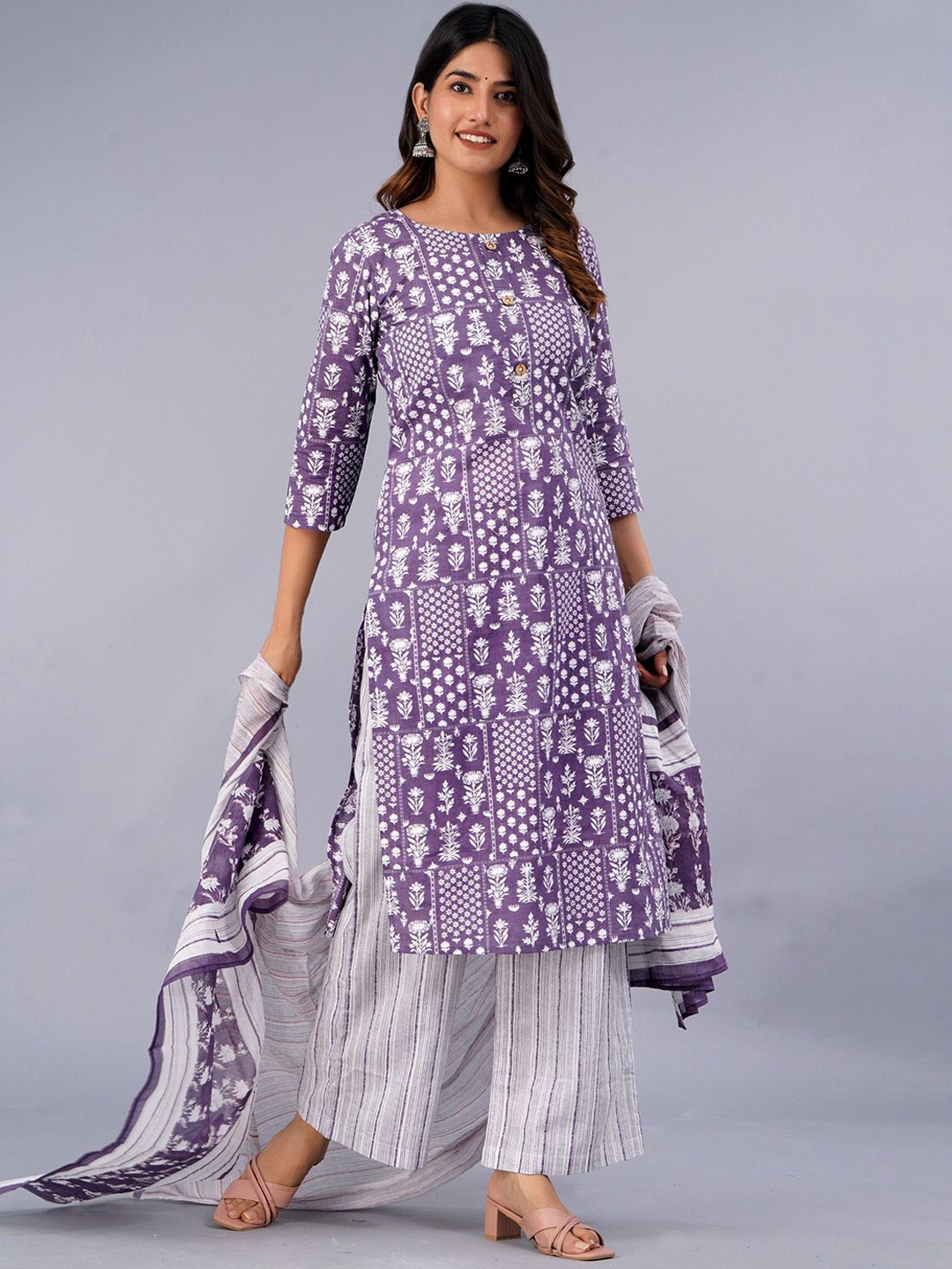 Dhiyona KL Ethnic Motifs Printed Pure Cotton Kurta With Palazzo & With Dupatta