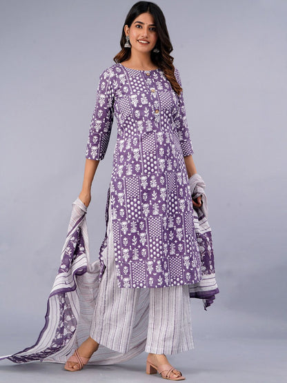 Dhiyona KL Ethnic Motifs Printed Pure Cotton Kurta With Palazzo & With Dupatta