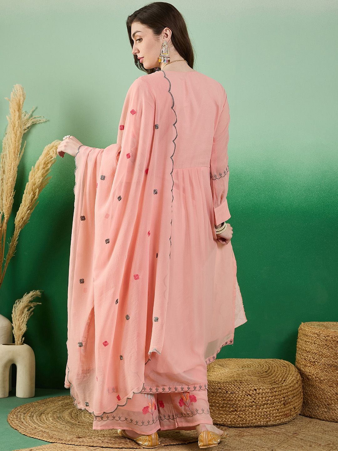 Dhiyona KL Floral Embroidered Thread Work Kurta With Palazzo & Dupatta