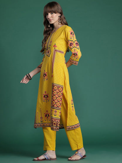 Dhiyona IE Ethnic Motifs Printed Mirror Work Pure Cotton Kurta with Trousers & With Dupatta