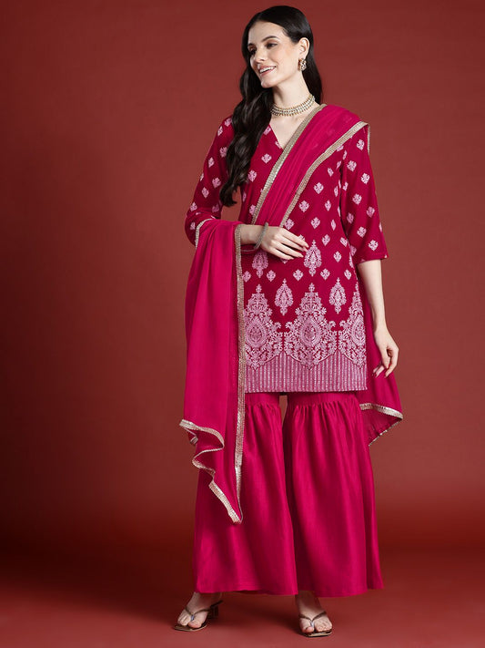 Dhiyona AN Tyohaar Collection Velvet Finish Printed Kurta with Sharara & Dupatta