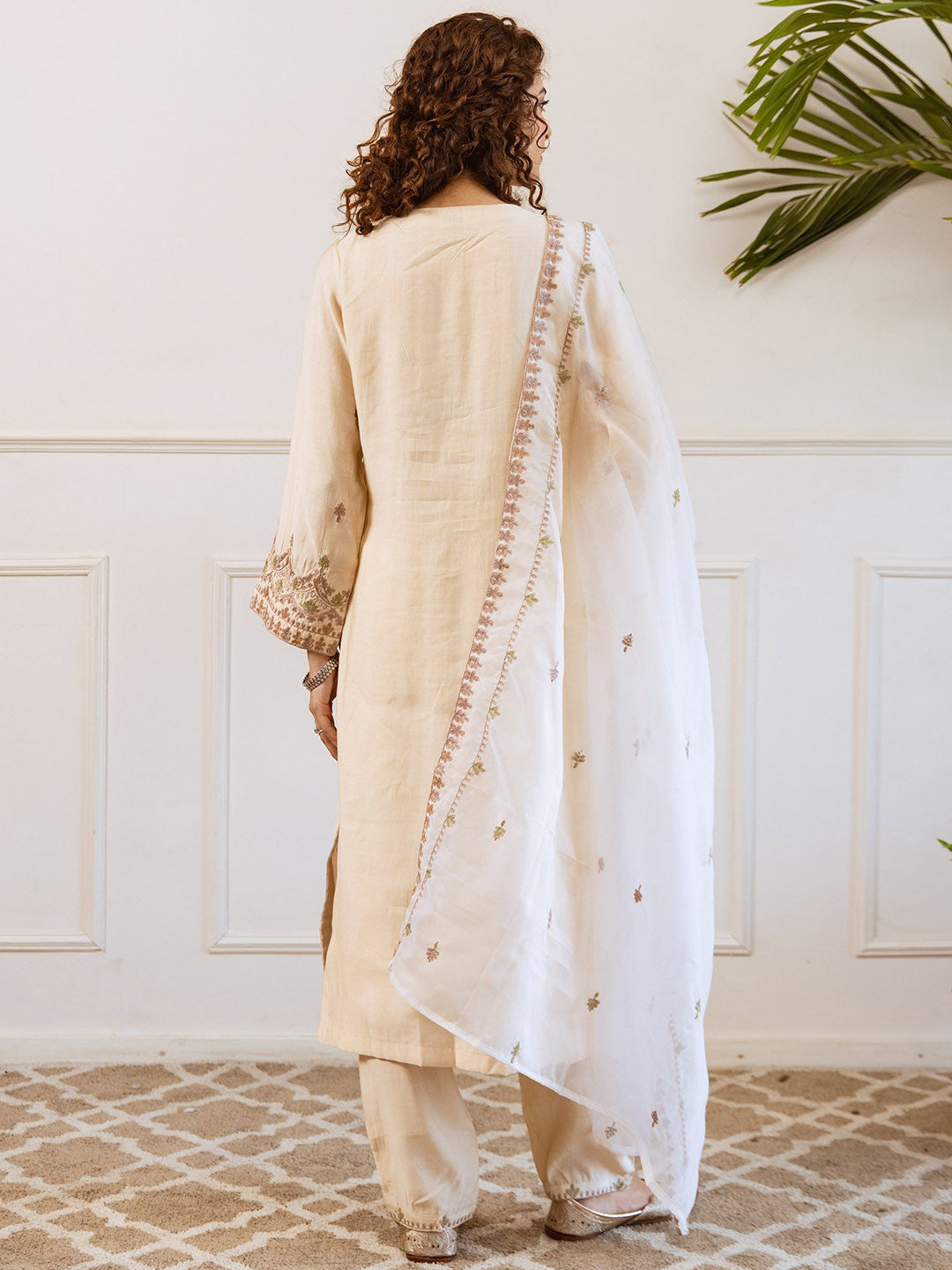 Floral Embroidered Chanderi Cotton Straight Kurta With Trousers & Dupatta
